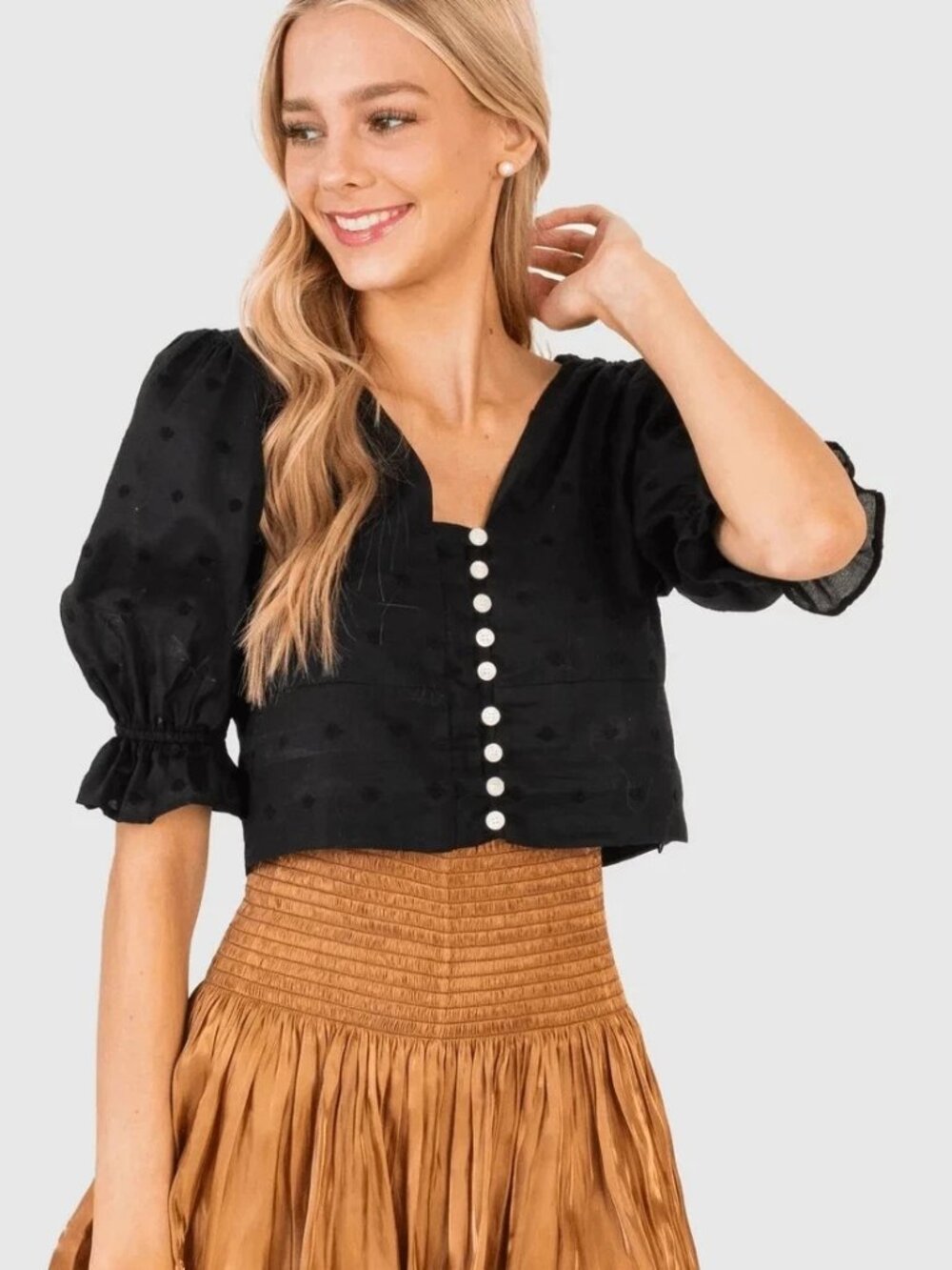NWT Koch Piper Top Sz M Black Caviar Cropped Polka Dot Puff Sleeve Coquette USA